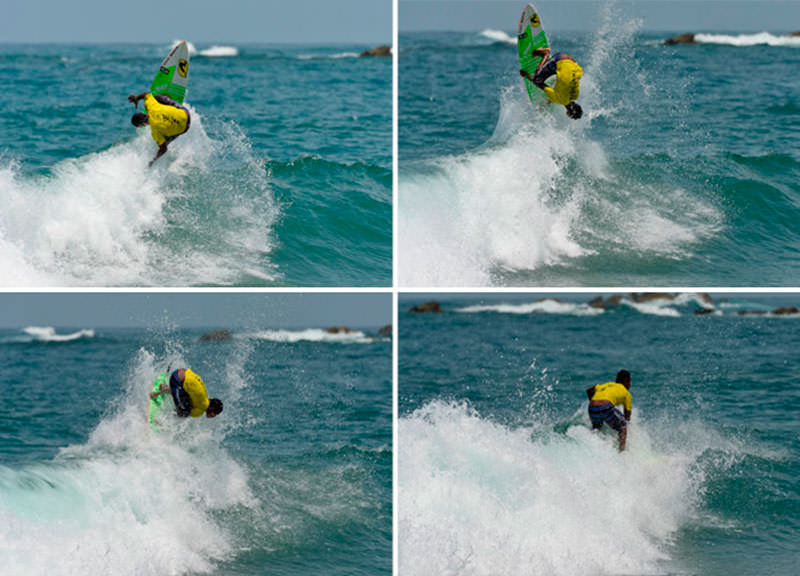 Edivelton Santos Brasil aterrizó exitosamente un Kerrupt Flip, maniobra bautizada por el surfista profesional Josh Kerr, y obtuvo un 9.90, el puntaje de ola individual más alto en la competencia hasta ahora. Foto: ISA/ Michael Tweddle.